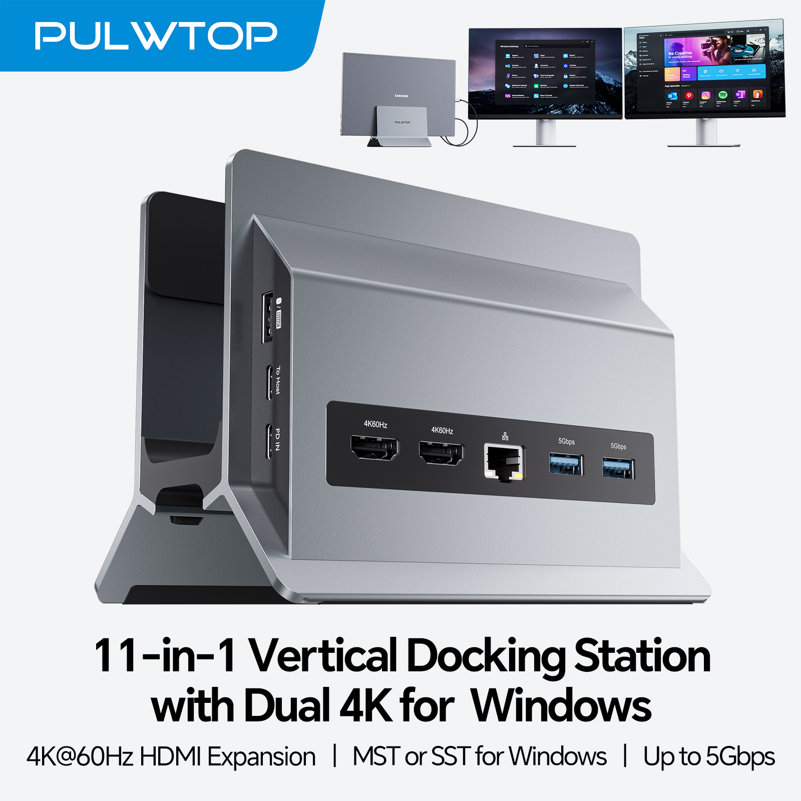 PULWTOP USB-C Laptop Docking Station Dual Monitor, 11 in 1 Vertical USB C Dock Stand with USB A 2.0, 2*USB-A 5Gbps for Laptops