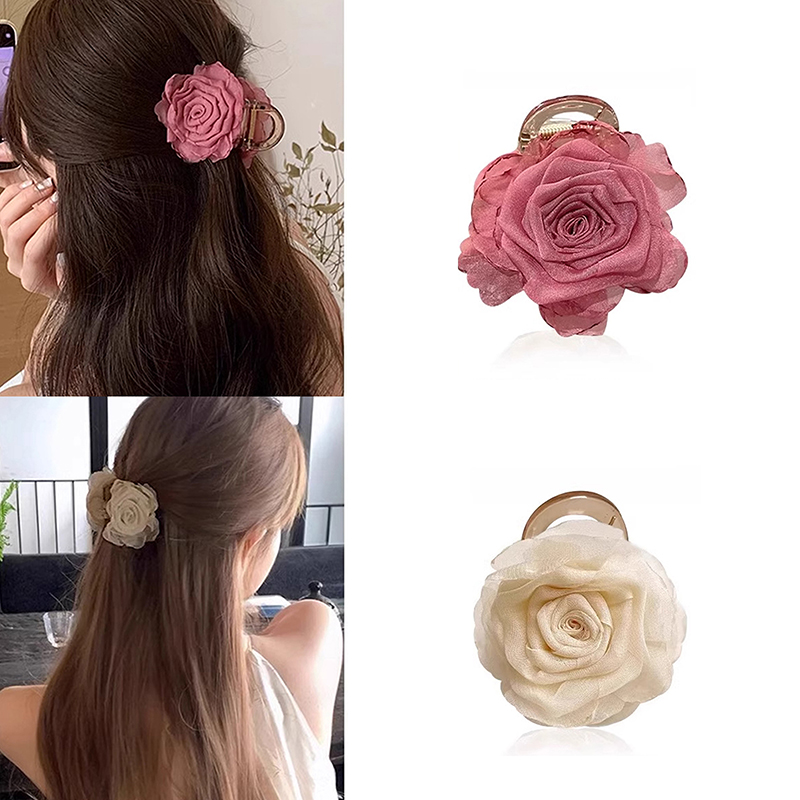 Elegant Rose Flower Hair Claw For Woman Elegant Temperament Shark Clip Sweet Hair Ornament Back Head Floral Hair Clip Hairpin