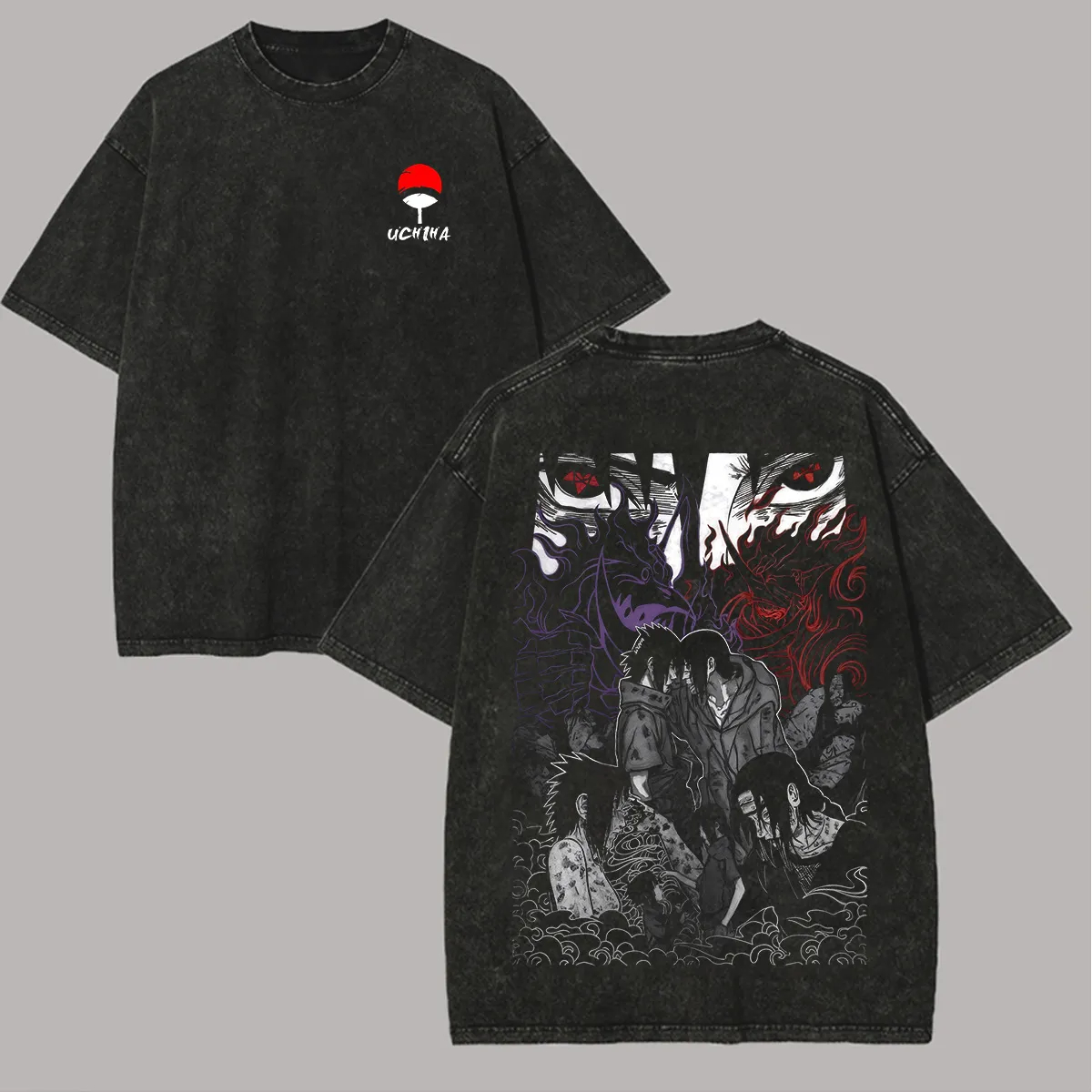 Naruto Itachi Sasuke T Shirt Brothers Uchiha Sharingan Vintage Acid Wash Streetwear Oversized Retro Anime Men Tees Clothing