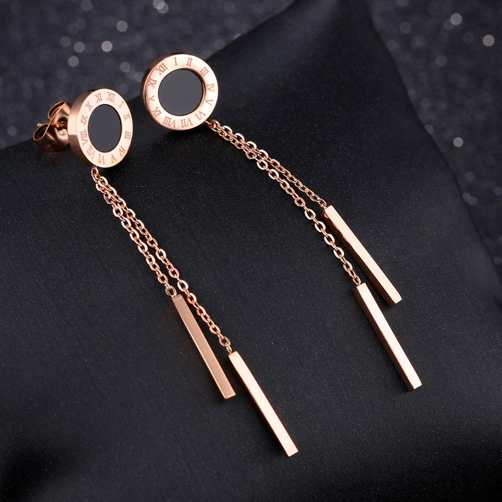 JeeMango Trendy Long Tassel Dangle Earrings for Women Girl Geometric Stainless Steel Black Shell Earring Unique Jewerlry JE17079