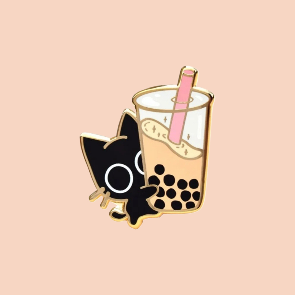 Boba Cat Enamel Pin // Black Cat, Kawaii Pin, Cute Bubble Tea, Pins, Sweets