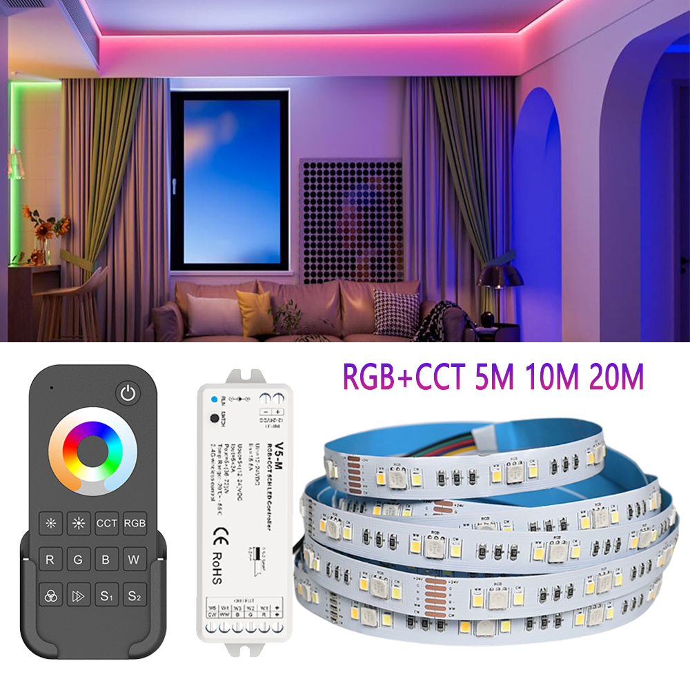 5M 10M 20M RGB+CCT LED Strip 24V 5050SMD 5in1 Chip RGBCW Dimmable Ceiling Room Light Party Decor 2.4G RF Black Remote Control