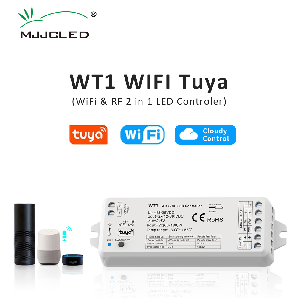 WT1 LED Strip Dimmer TUYA 2CH 12V 24V 36V CCT Smart Dimming Controller Kit 2.4G Remote Control