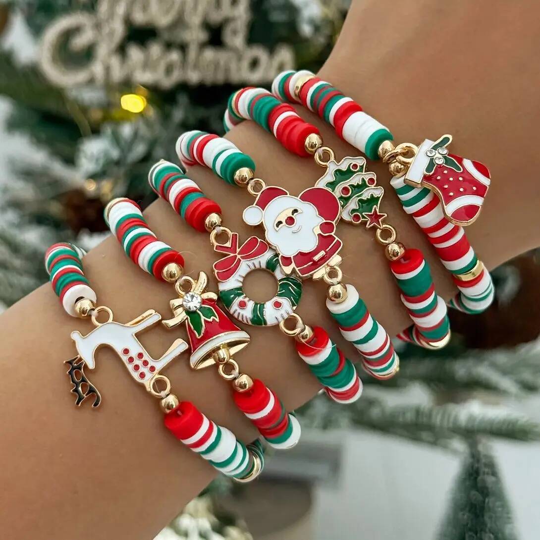 SHIXIN 6Pcs/Set Cute Santa Claus Tree Socks Elk Charm Bracelet Women Polymer Clay Beaded Bracelets New Year Jewelry