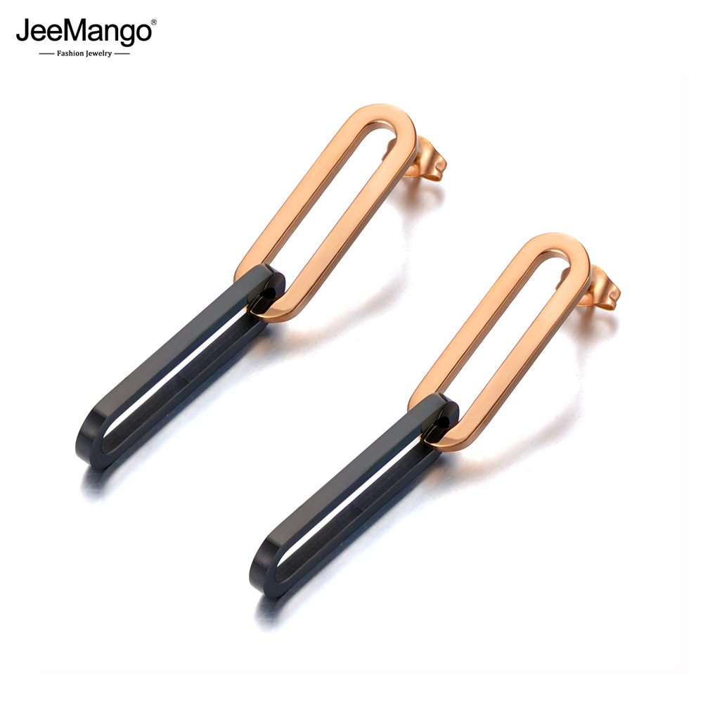 JeeMango Hiphop Stainless Steel Rose Gold Color Geometric Chain & Link Earrings Bohemia Style Creative Jewelry For Women JE20070