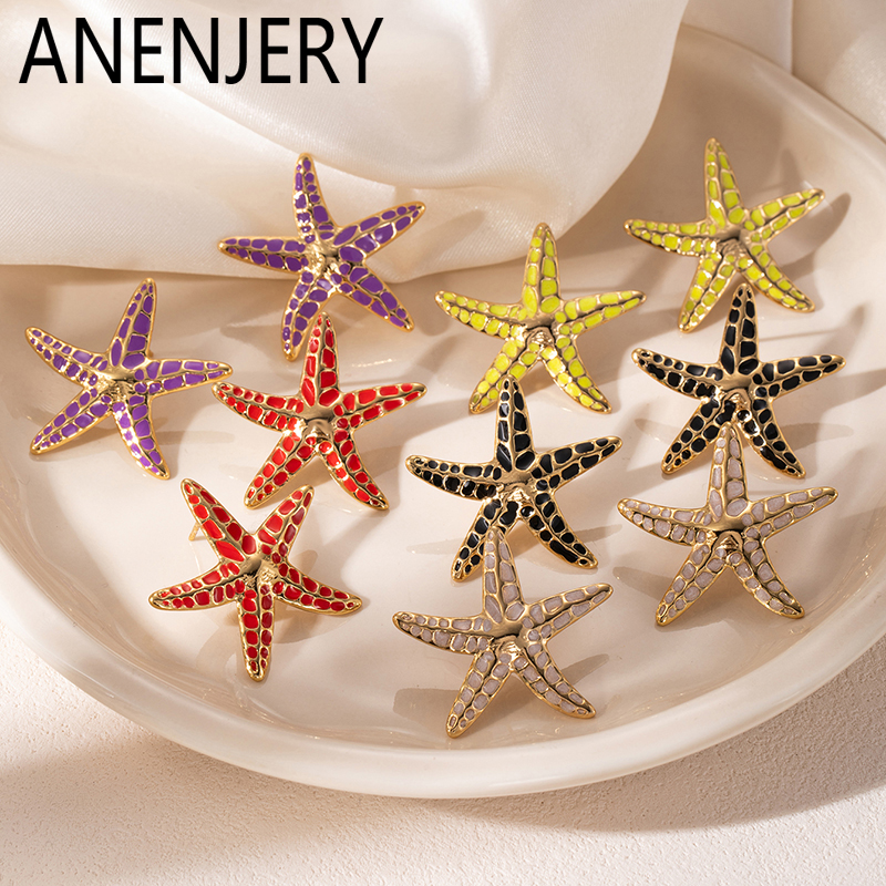 ANENJERY 316L Stainless Steel Colorful Dot Starfish Earrings For Women Boho Vintage Niche Design Beach Jewelry Wholesale