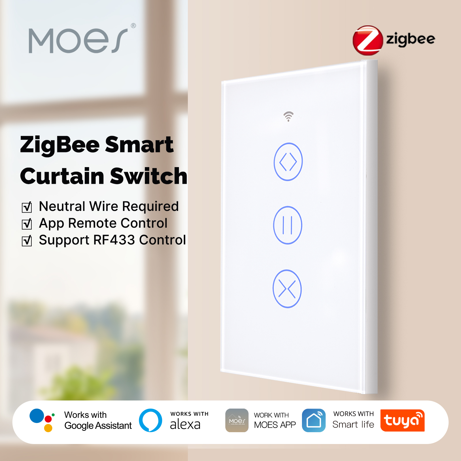 MOES Tuya ZigBee Smart Curtain Switch 2.5D Support RF433 Arc Glass Touch Panel App Remote Control Work With Alexa Home
