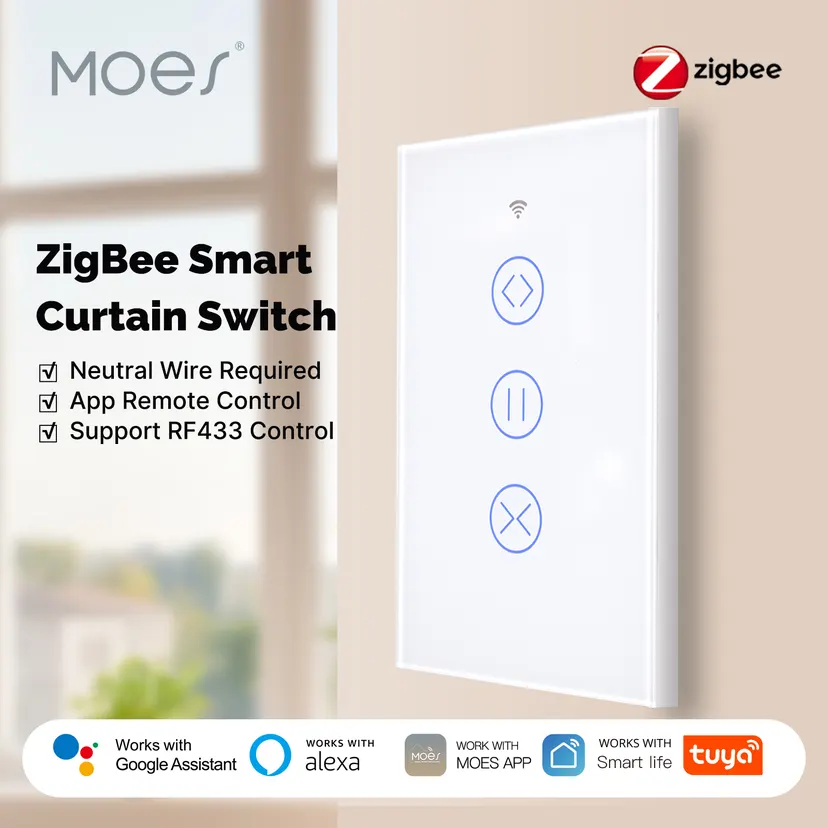 MOES Tuya ZigBee Smart Curtain Switch 2.5D Support RF433 Arc Glass Touch Panel App Remote Control Work With Alexa Home