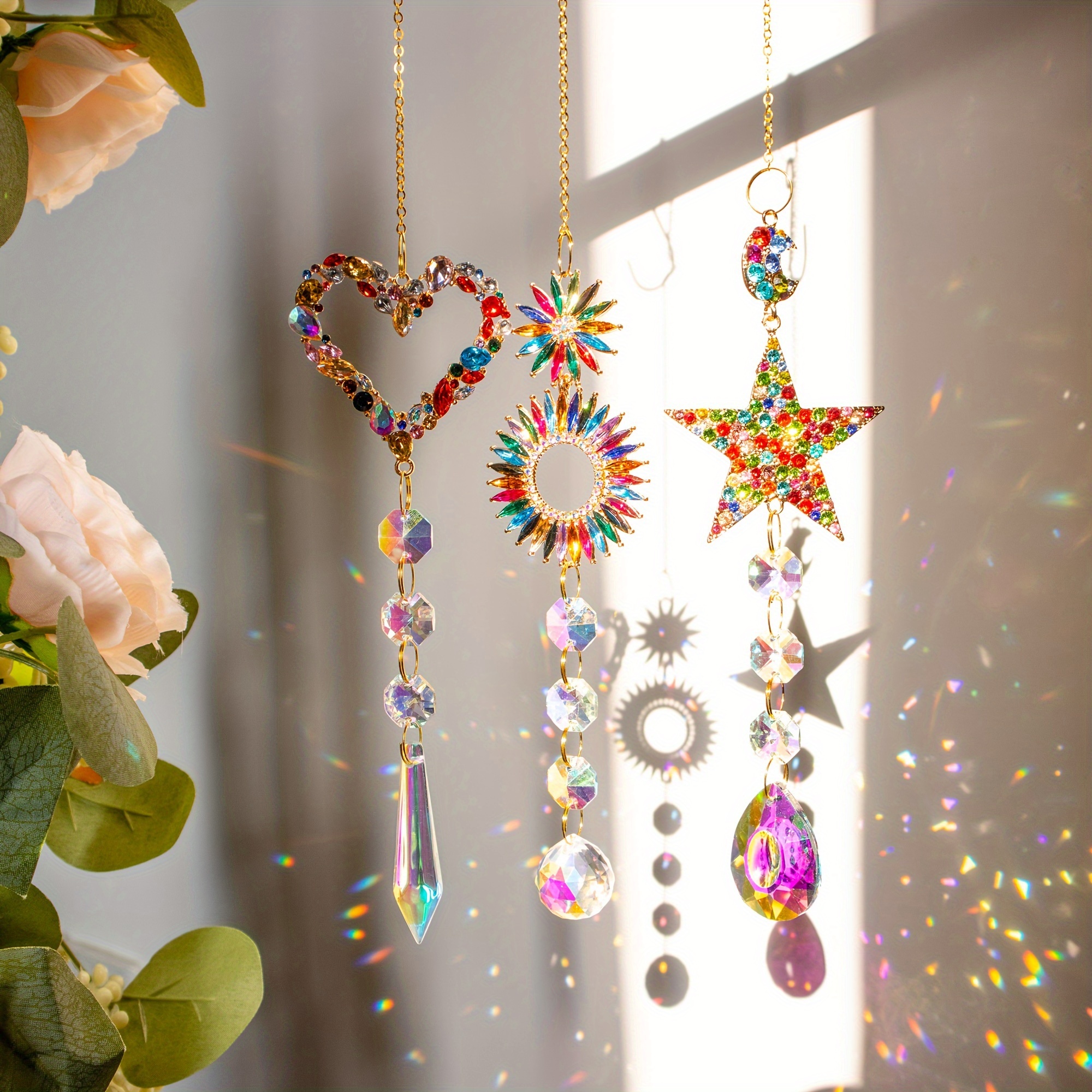 3pcs colorful diamond Love Circle Pentacle Hanging Window Sun Catcher, Crystal Rainbow Maker, Home decor, car pendant decoration