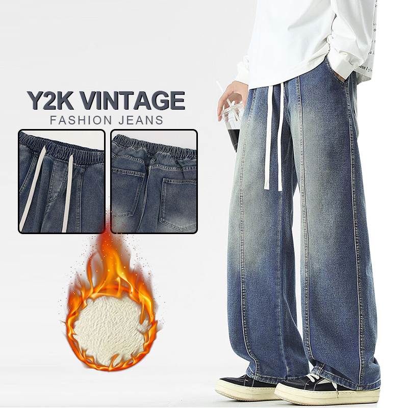 American Retro Straight Jeans Men Winter Fleece Warm Trendy High Street Loose Pants Washed Drawstring Casual Versatile Trousers