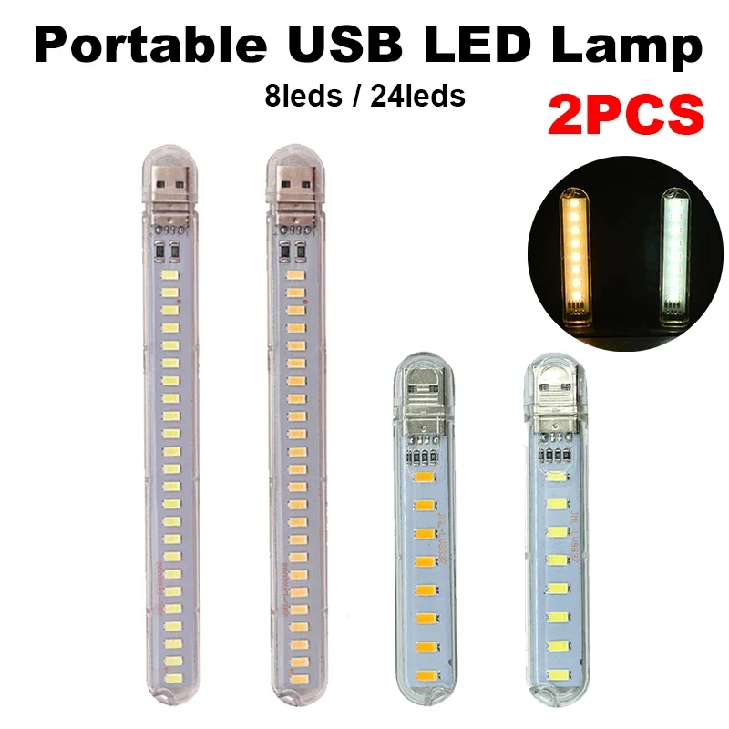 2PCS Portable 8/24 LEDs USB Night Light Mini LED Book Lamp Mobile Power Light Laptop High Bright Energy Saving Reading Lighting