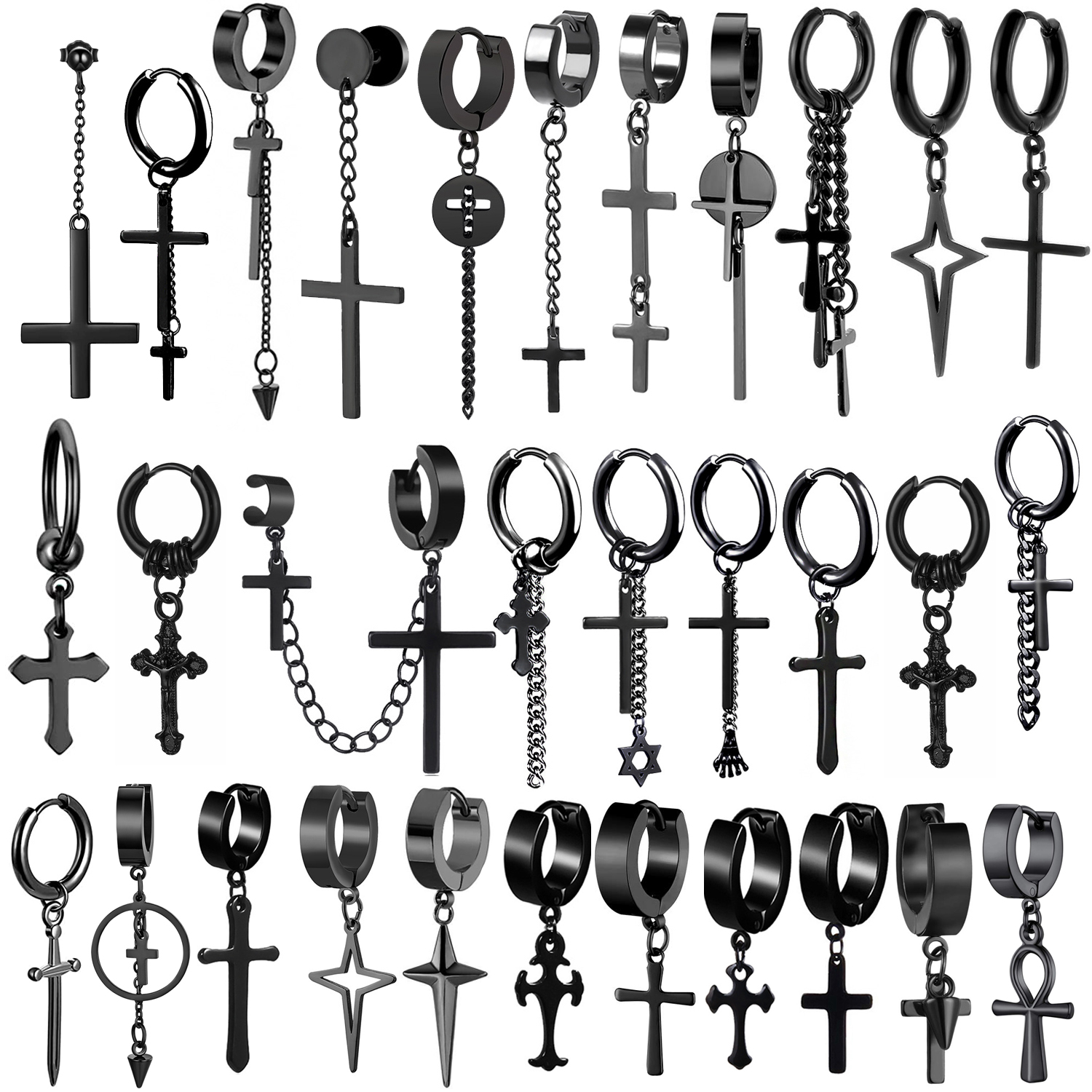 1 Pair Black Color Unisex Multi Types Shape Stainless Steel Cross Chain Piercing Earring For Women Men Punk Gothic Earrings