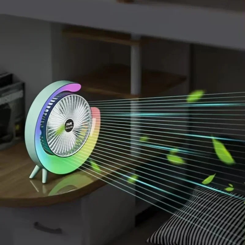 Portable USB Rechargeable Desk Fan with RGB LED Night Light 3 Speed Quiet Air Circulation Fan 360 Adjustable Home Office Bedroom