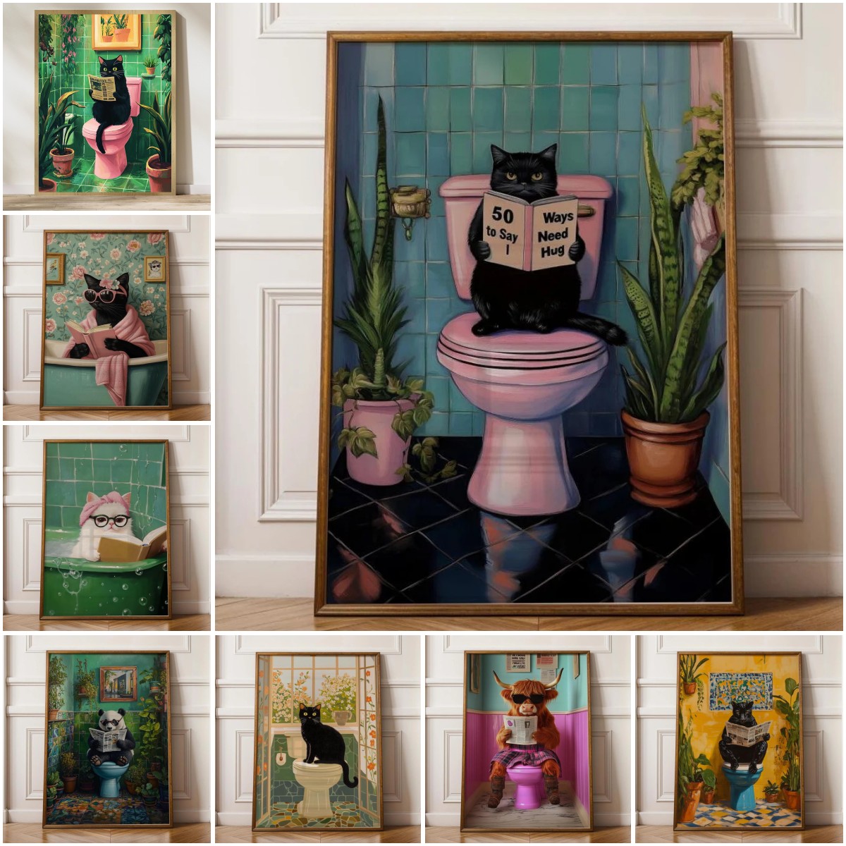 Set of 3 Funny Bathroom Black Cat Wall Art Canvas Prints, Vintage Animals Toilet Posters, Indoor Modern Wall Decor Unframed