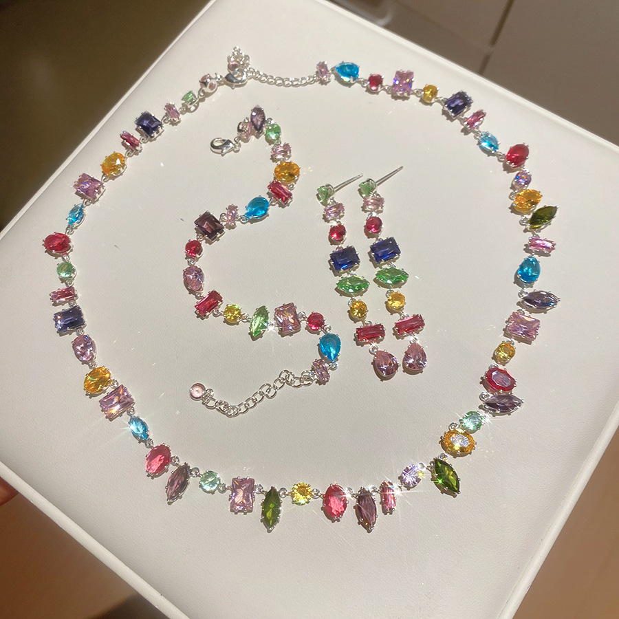 New Luxury Colourful Crystal Zircon Necklace For Women Fashion 18K Golden Plated Party Jewelry Accessories Ladies Jewellery