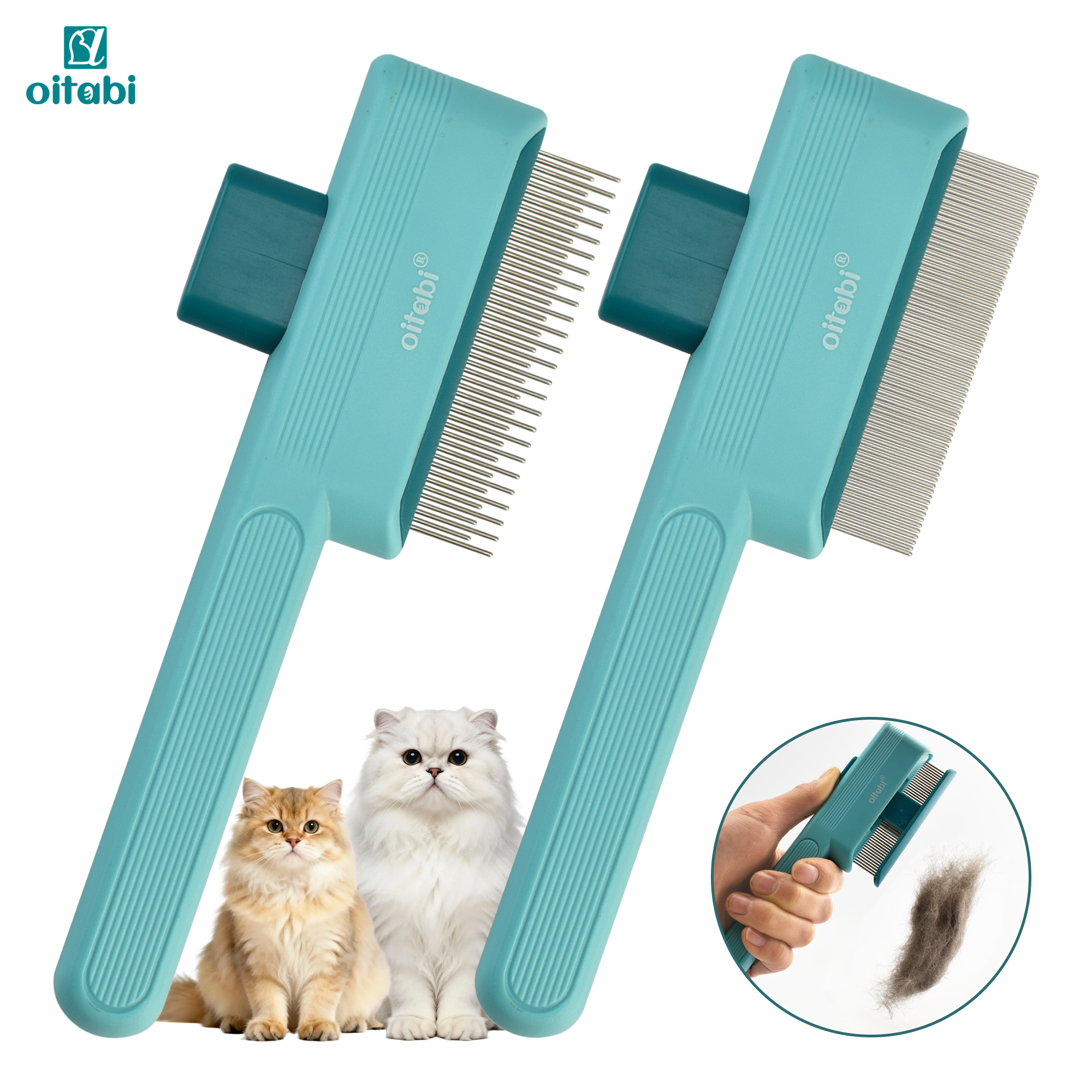 Oitabi 1/2PCS Pet Comb Flea Comb for Cats Dogs, Cat Grooming Brush with Release Button and Round Teeth, Self-Cleaning Dog Combs