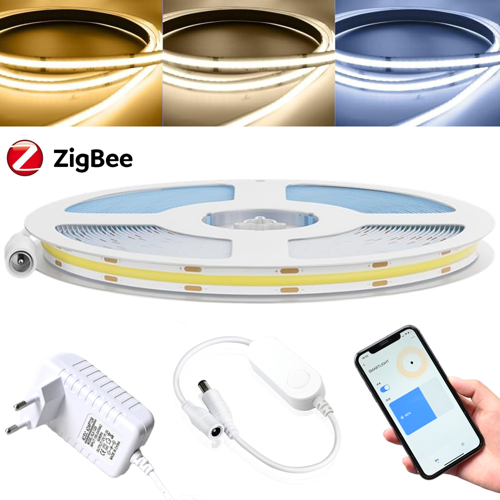 Tuya Zigbee 3.0 COB LED Strip 12V 1m 2m 3m 4m 5m Warm White Flexible Dimmable Light Kit 3000K-6500K for Alexa Assistant