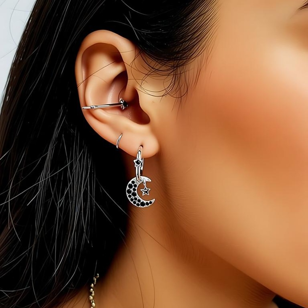 2025 New Moon Silver Color Round Black Trendy Spinel Engagement Cat Star Hoop Earrings For Women Fashion I329