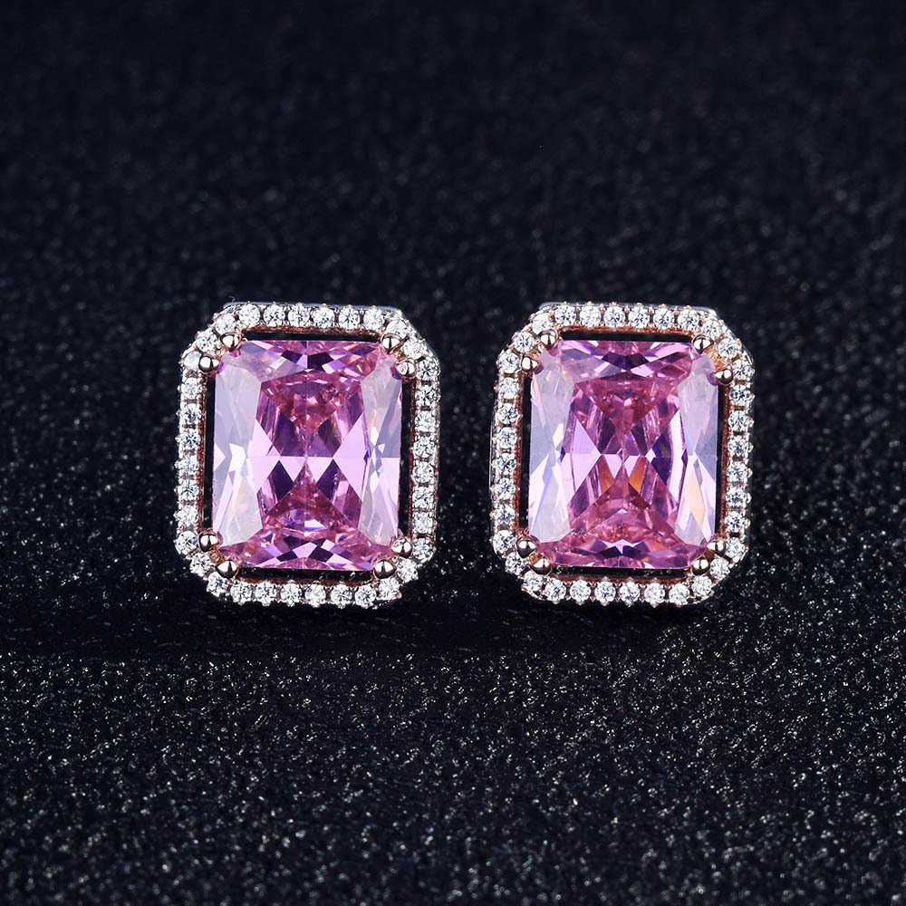 Pink Crystal Jewelry Set, Silver-Rose Gold Plated Square Gem Necklace Earrings Ring Set, Elegant Bridal Fashion Accessory