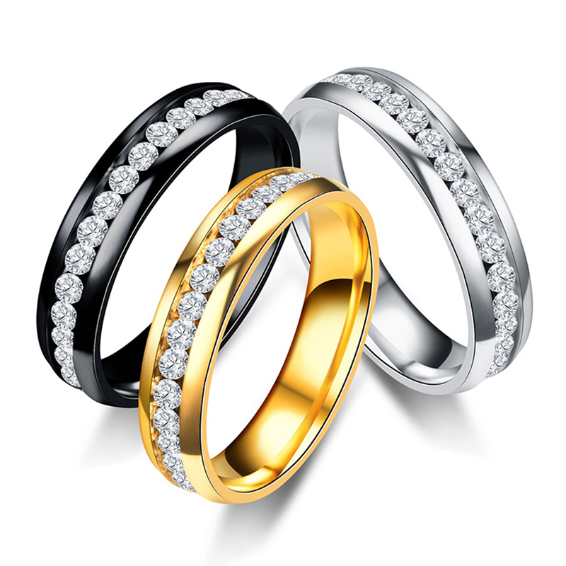 6MM Stainless Steel Crystal Rings For Women Fashion Full Rhinestone Titanium Steel Bride Ring Trendy Wedding Party Jewelry
