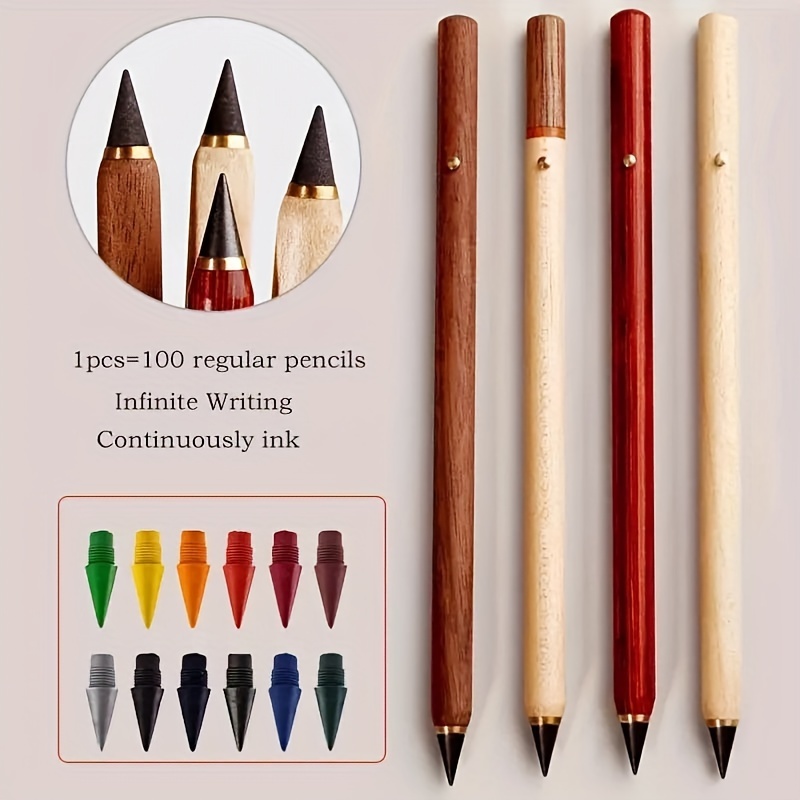 1pc penci+12color nib，Permanent Pencil Unlimited Writing Solid Wood Pencil HB Replacement Set Student Drawing Art Pencil School
