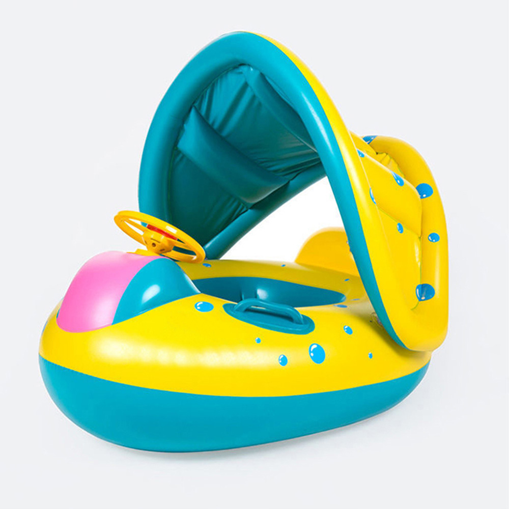 1pc Yellow Sunshade Seat Ring With Steering Wheel Swimming Pool Inflatable Floating Baby Seat