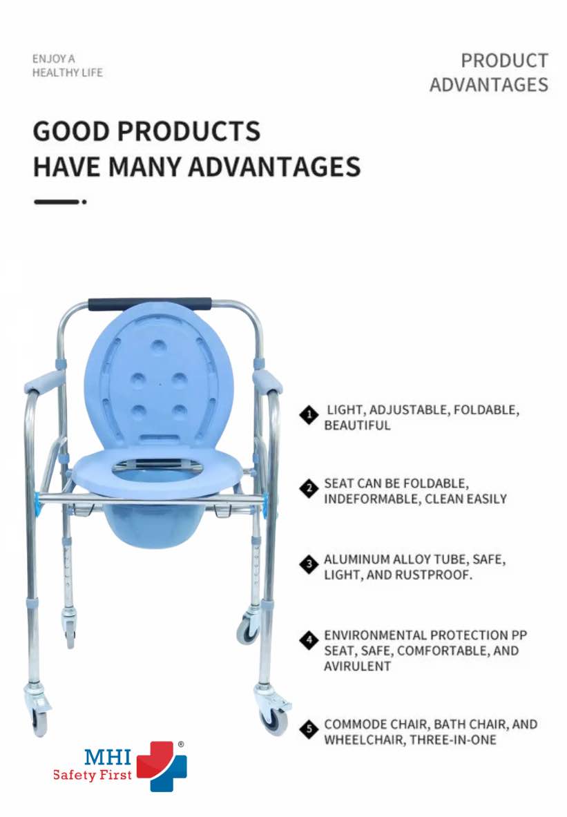 Commode Chair With Wheels -Blue