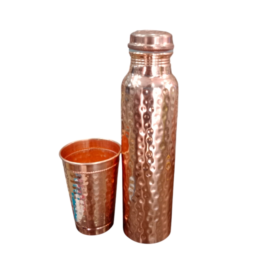 Pure Copper Hammered Design Water Bottle With Glass For Home,School,Office,Yoga,Gym 1000 ml Bottle