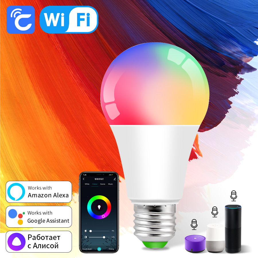 Tuya Bluetooth WiFi Smart Light Bulbs E27 LED Lamp RGB Smart Bulb 15W Smart Life APP Voice Control With Alexa Alice Home lightify