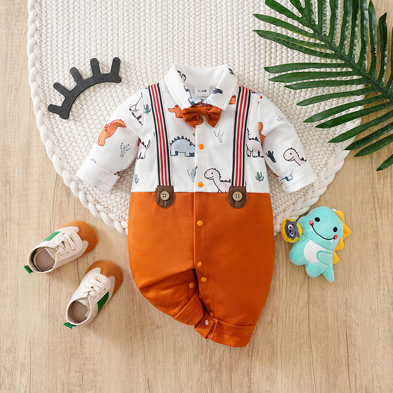Cute Little Deer Jumpsuit Newborn Pure Cotton Long Sleeved Fake Two Piece Baby Cartoon Spring Autumn Outfit