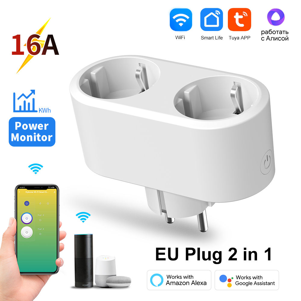 WiFi Smart Plug Dual Outlet 16A EU 2 in 1 Timer Socket Smart Life Remote APP Voice Control Works With Tuya Home Alexa