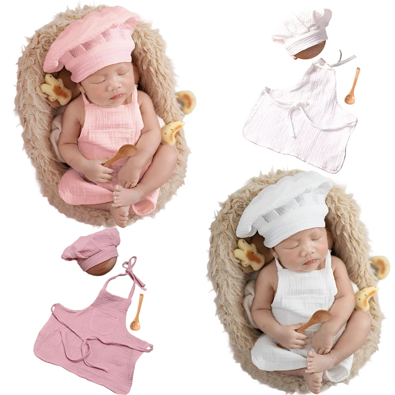 3Pcs/sets Newborn Photography Outfits White Chef Hat and Apron with Wooden Spoon Costume Studio Photos Props for Baby Girls/Boys