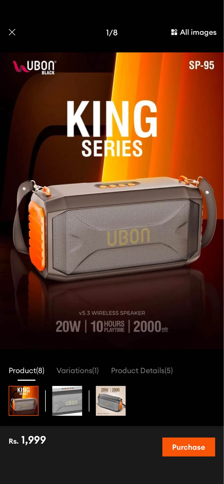 UBON SP-95 20W King Series Party Speaker with 10 Hours Playtime,2000mAh Battery, Wireless v5.3 Speaker, FM/USB/TF Card Support, Stylish Belt, Black & Grey With Type-c Port