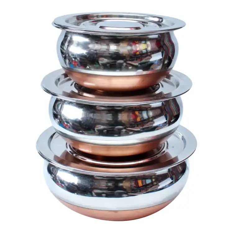 Famous Copper Bottom Stainless Steel Handi Set With Lid- Set Of 3