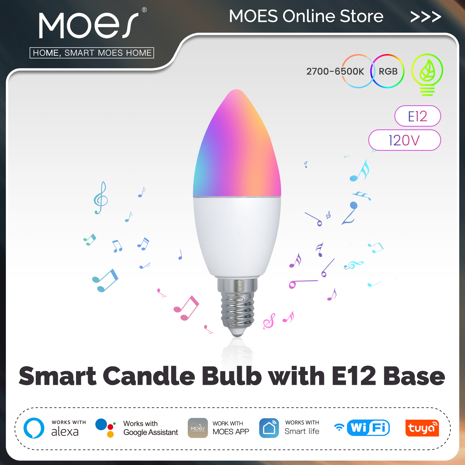 MOES Smart Candle LED Bulb E12 WiFi Tuya 5W RGBCCT 16 Million Colors 2700-6500K Voice Control Supported