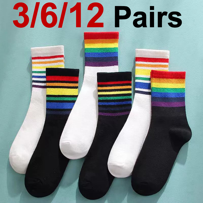 3/6/12 Pairs Women Rainbow Pattern Mid Tube Cotton Socks Fashion Striped Sweat Absorbing Breathable Soft Comfortable Casual Sock