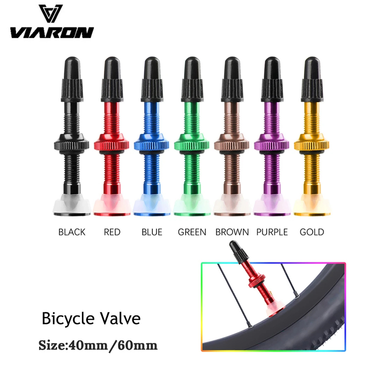 VIARON 2PCS Bicycle Tubeless Tire Valve FV Brass Alloy Core Optional color Stem 40/60mm length Cap & Tool