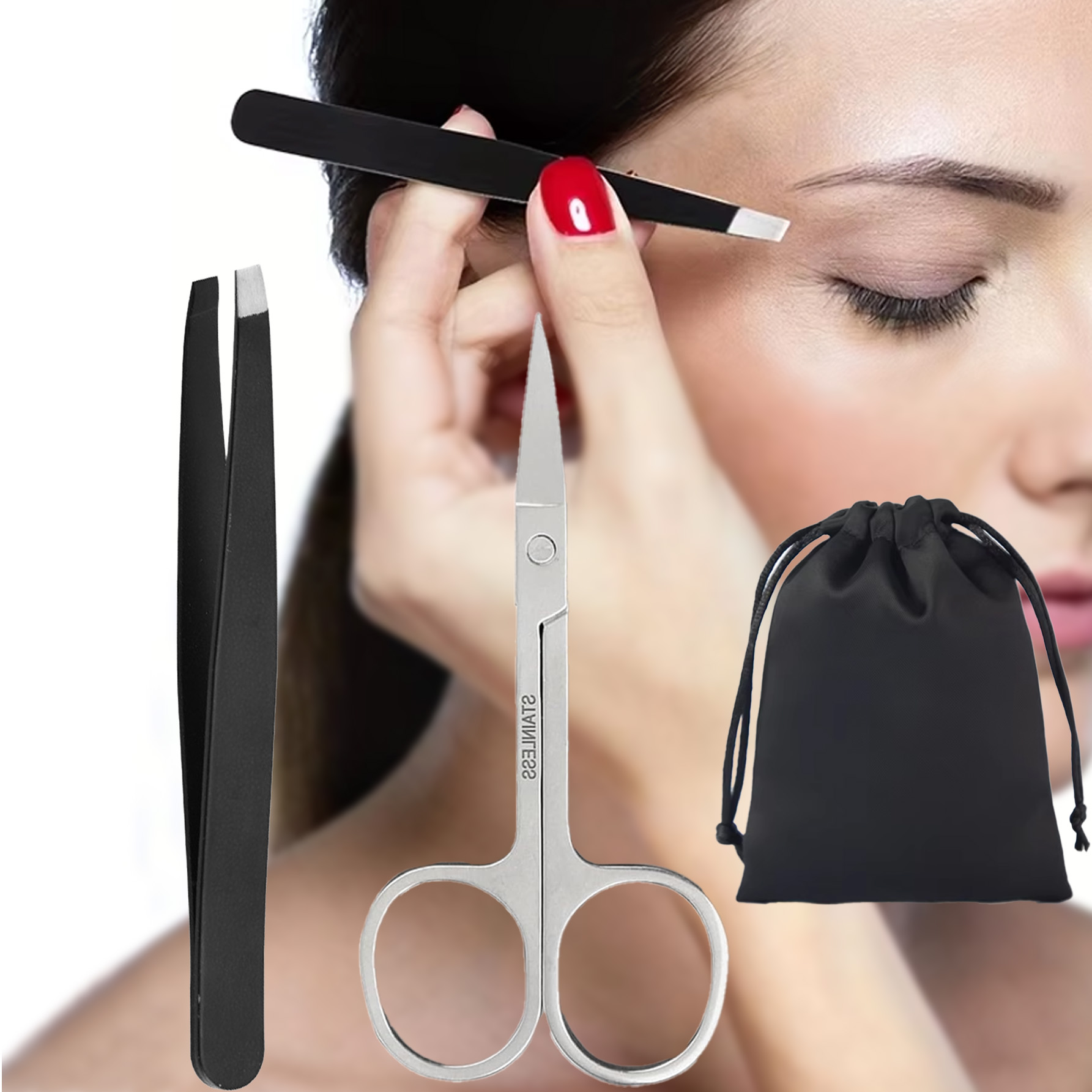 Stainless Steel Tweezer And Scissor Set with Cloth Bag Black Slant Tip Eyebrow Trimmer for Nose Facial Hair Blackhead Removal dr. eyemo