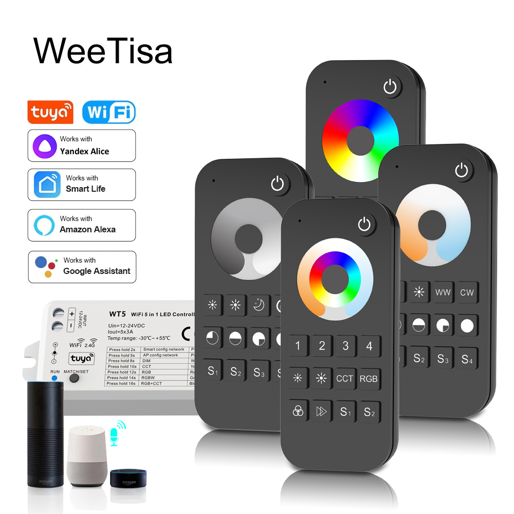 5 in 1 LED Strip Controller 12V 24V DC Tuya Smart Life WIFI 2.4G RF Remote Controler WT5 for DIM RGB CCT RGBW RGBWW RGBCCT Light lightify