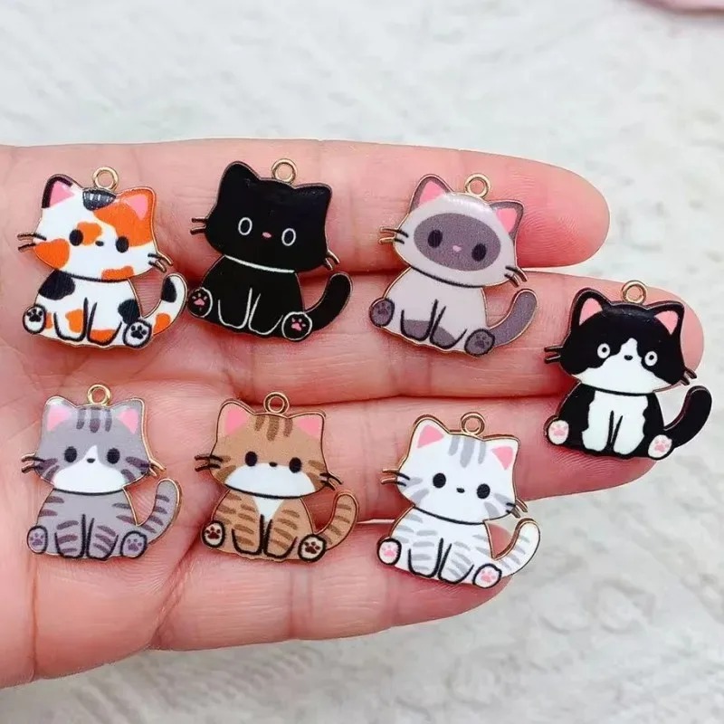 10 PCs Cartoon Enamel Cat Animal Charms Cute Gold Color Metal Pendants for DIY Necklace Bracelets Jewelry Making