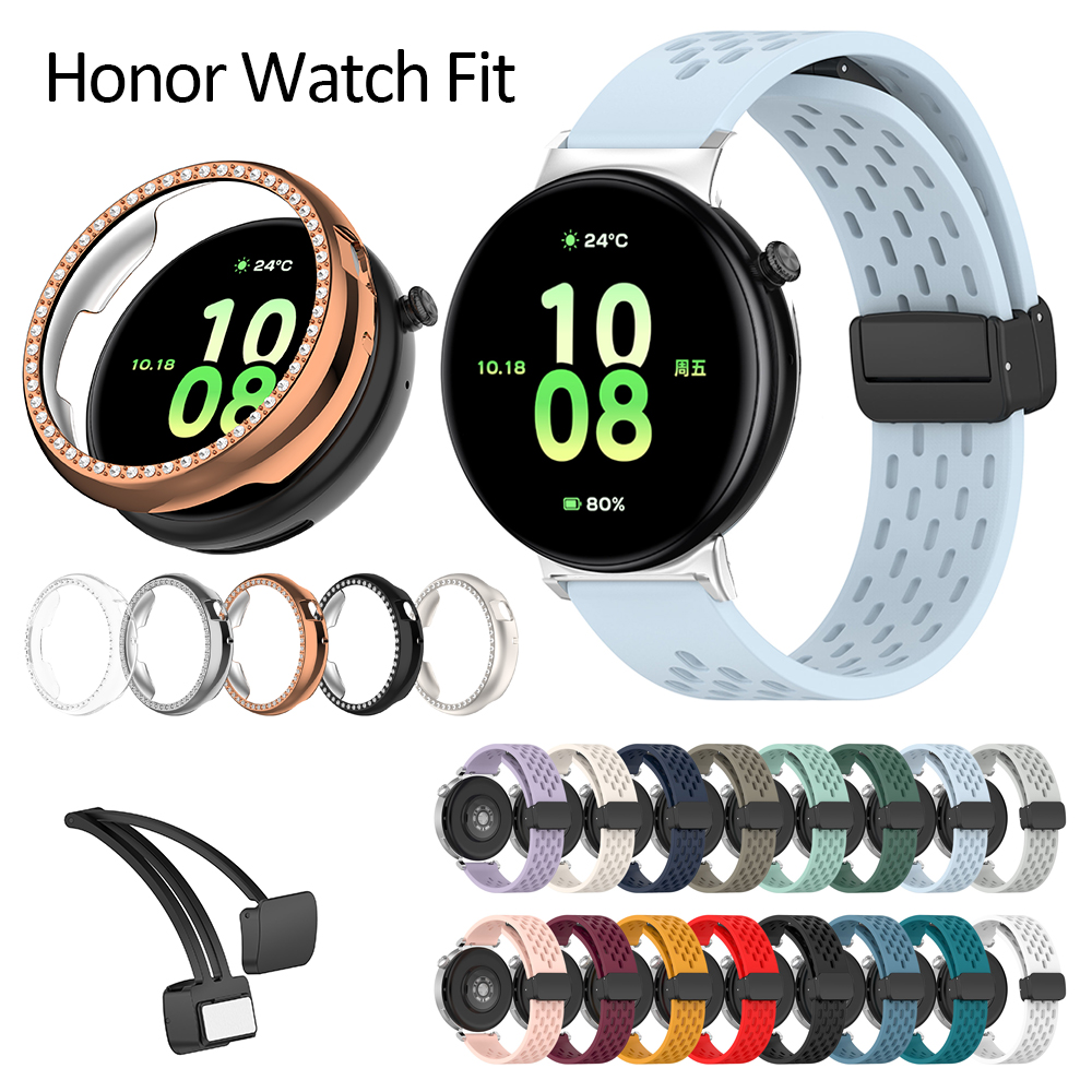 For Honor Watch fit strap active elegant 44mm case diamond frame tempered glass screen protector hard cover smart watch band straps