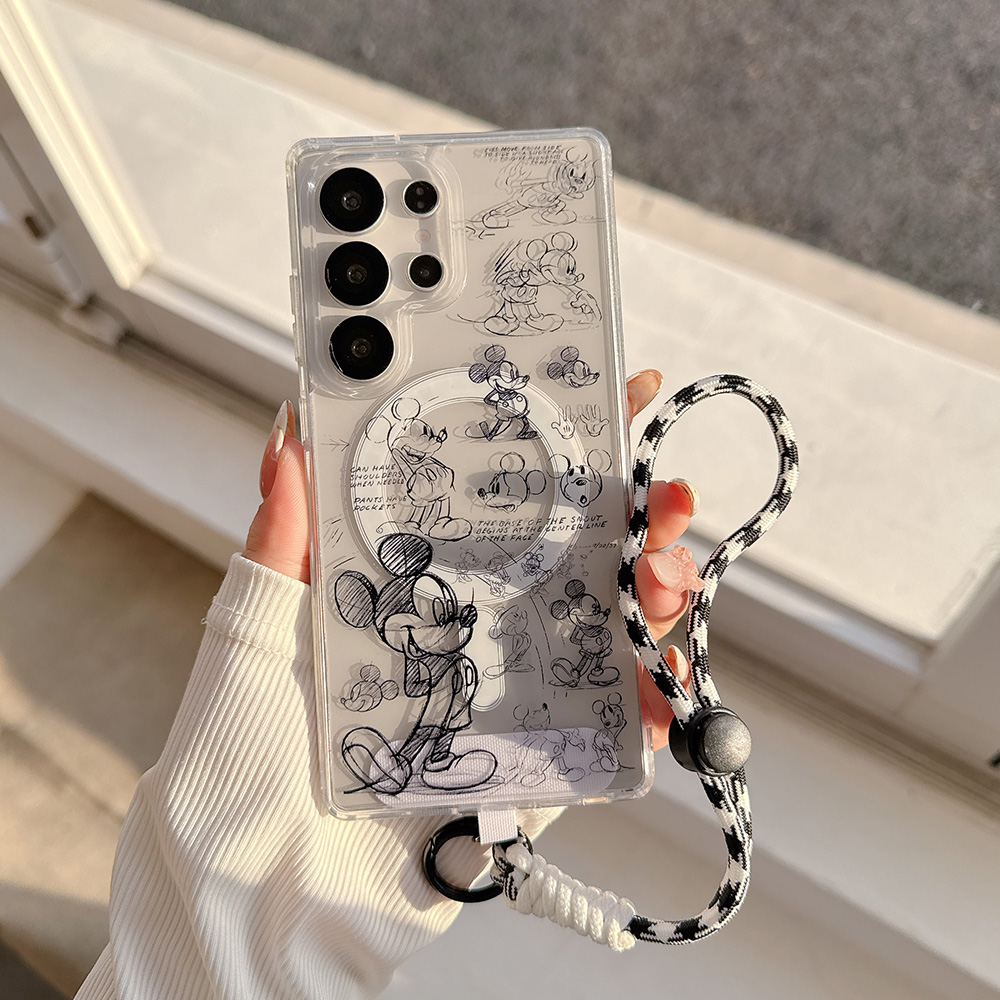 Line Mickey/Minnie Mouse Pattern Acrylic Material Phone Case For Samsung Galaxy S26Ultra S26+ S25Ultra S24Ultra S23Ultra S23FE S25/S24/S23 with Bracelet Design Multifunctional A57 A37 A17 A56/A36/A16/A26/A55/A35/A15 Simple Style