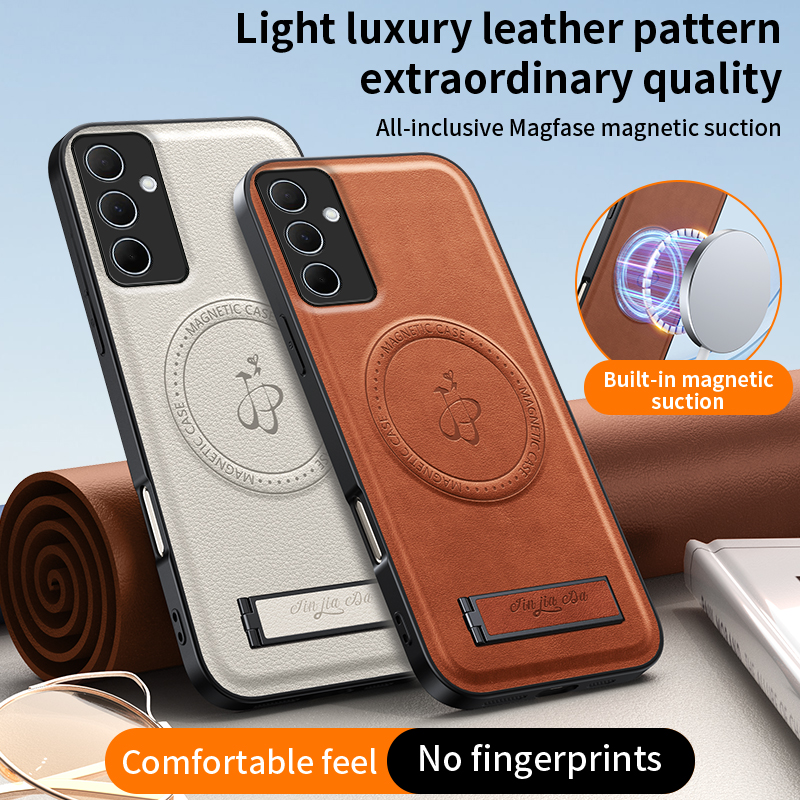 Luxury Artificial Leather Phone Case For Samsung Galaxy A56 A36 A26 A16 Foldable Stand Design A55/A35/A15 Support MagSafe Protected Camera A54/A34 Multifunction