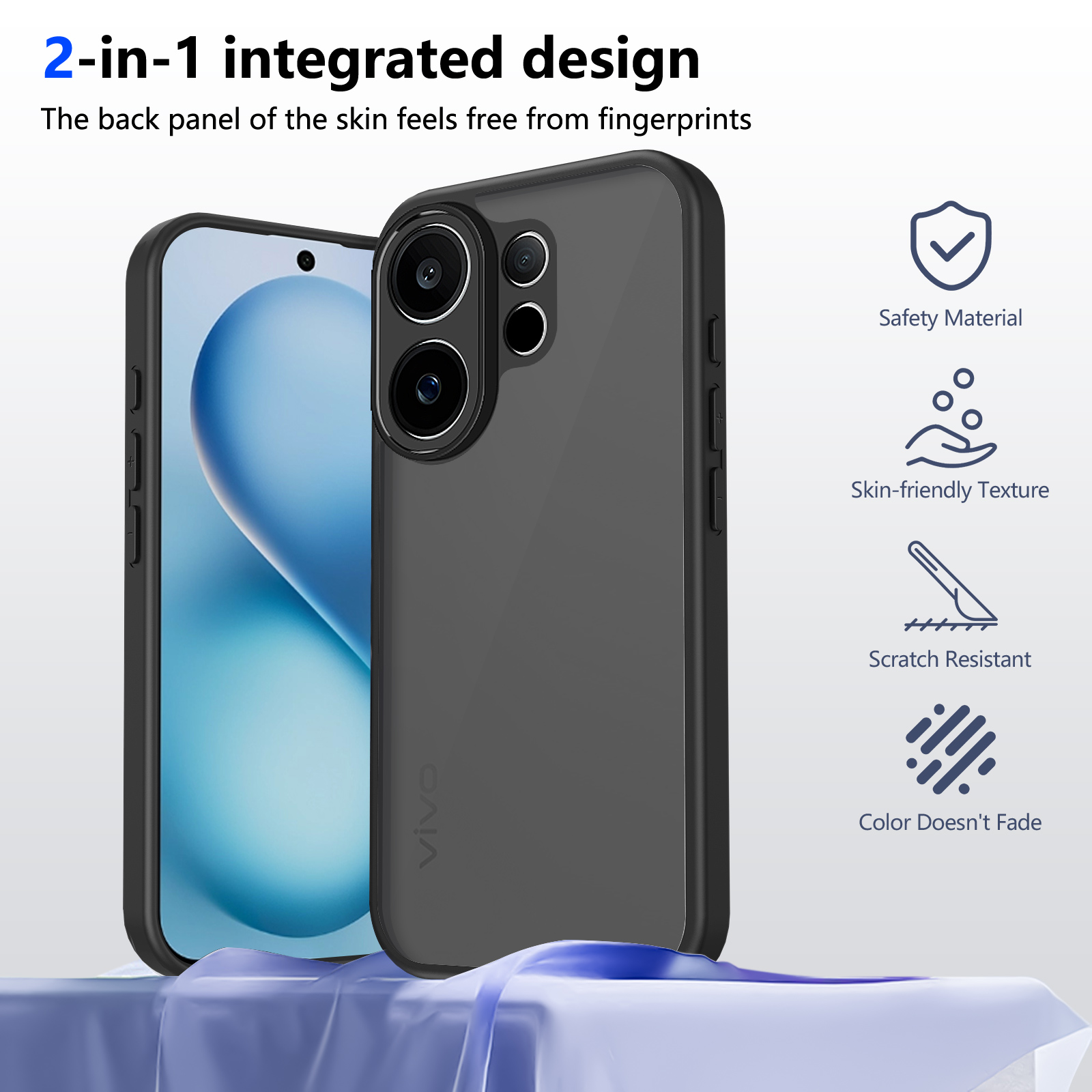 Pure black phone case for VIVO V60 minimalist style fingerprint-resistant