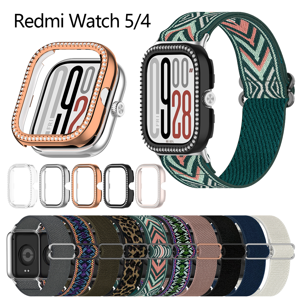 For Redmi Watch 5 4 case diamond PC frame cover nylon Bohemian style fashion colorful flower pattern band straps