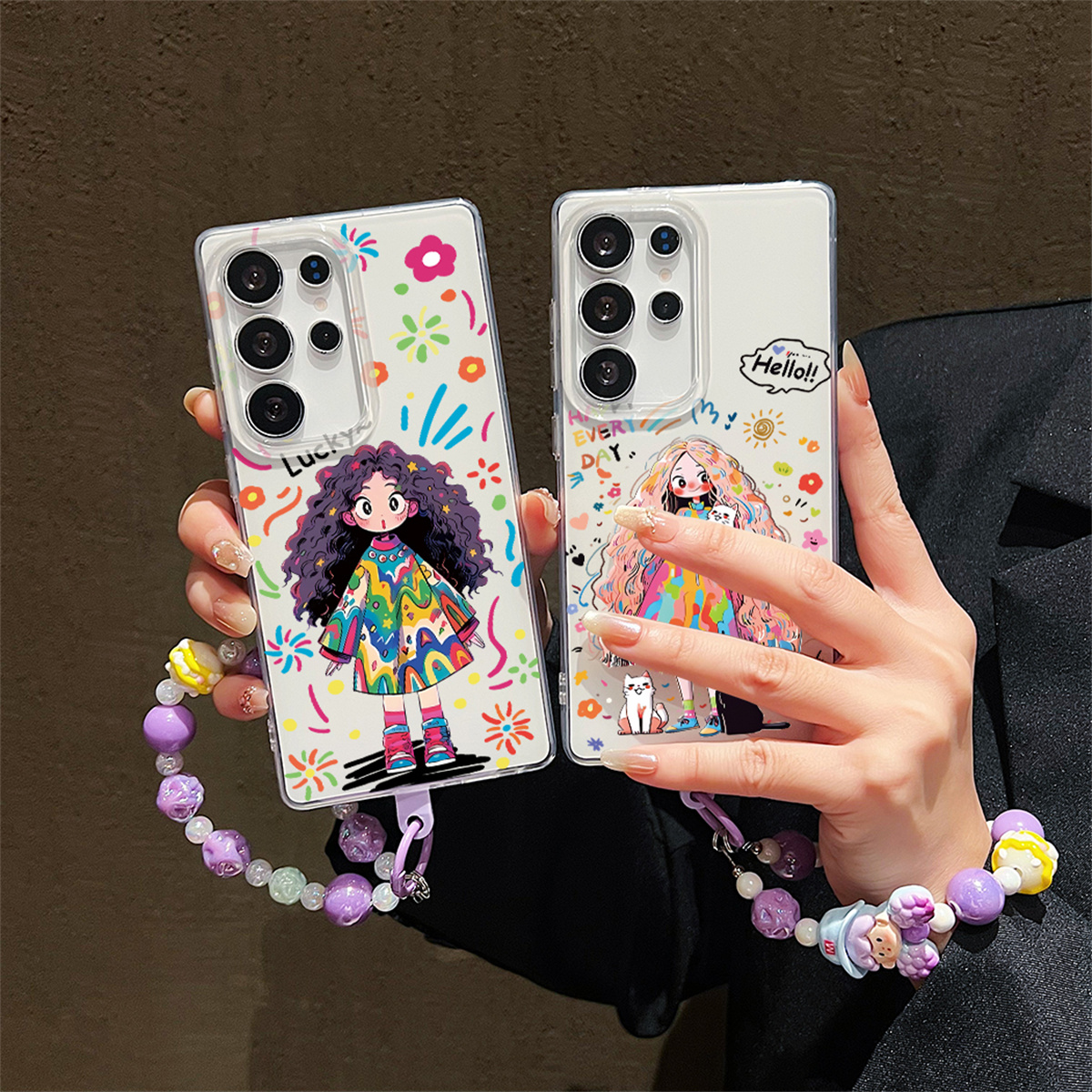 Graffiti Girl Pattern Phone Case for Samsung Galaxy S25Ultra, S24Ultra, S23Ultra, S24FE/S23FE with Wrist Strap Design for A56/A36/A16/A55/A35/A15 Simple and Creative Design for S24/S25/S23+