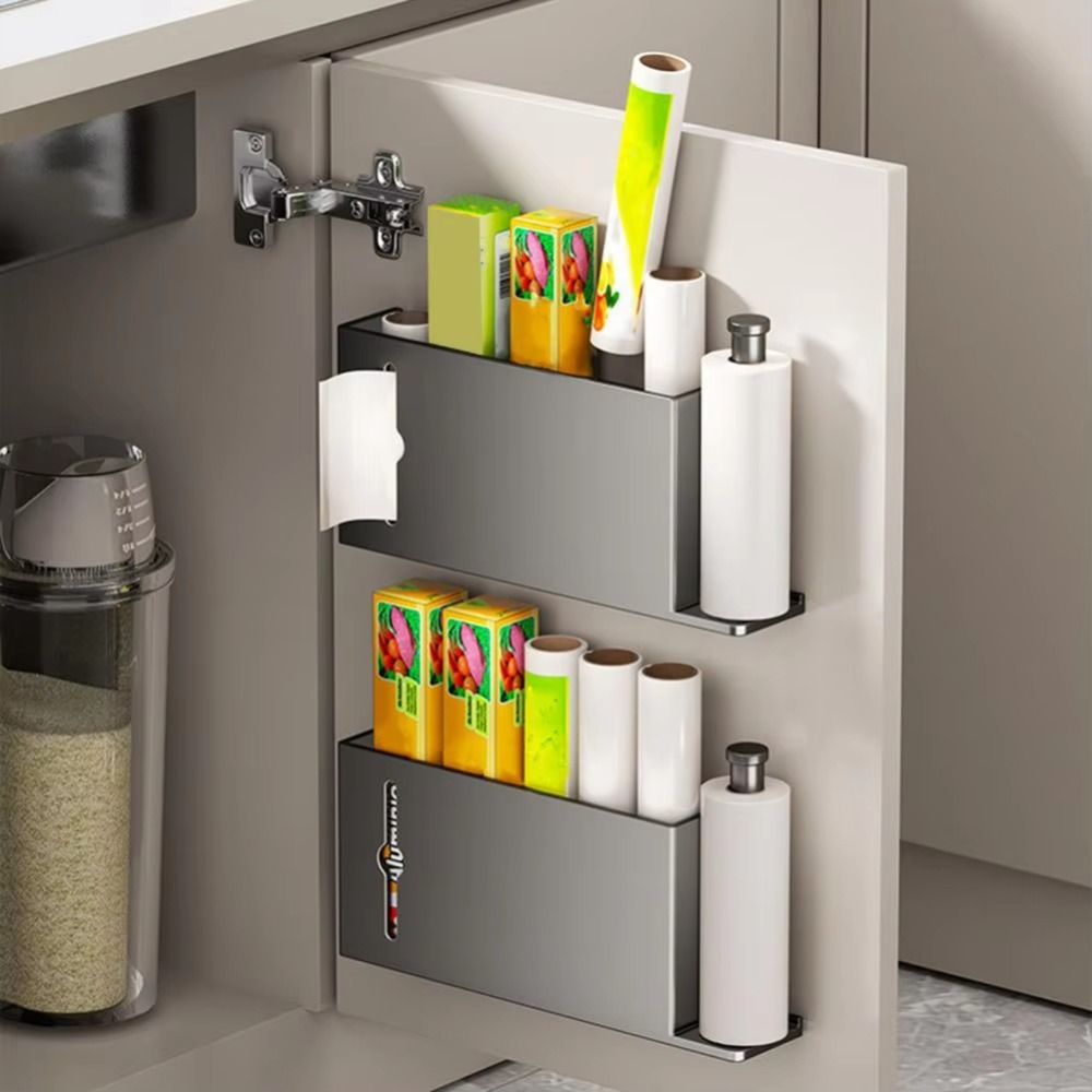 High-quality Carbon Steel Cabinet Door Storage Rack Self-adhesive Easy Install Wall-mounted Storage Box Moisture-proof Space-Saving Foil Rolls Container Kitchen Cabinet Door