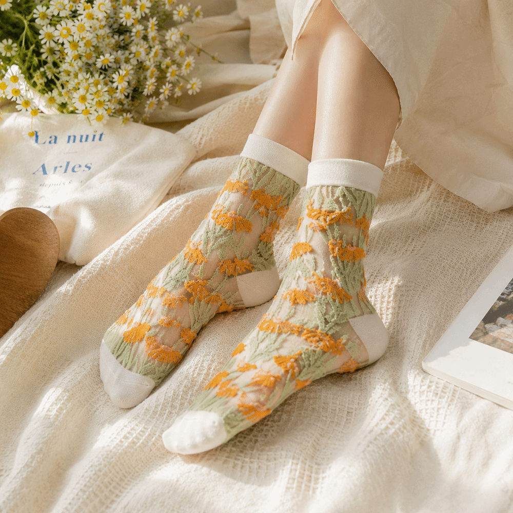 Cute Ultra-Thin Floral Embroidery Socks Tulle Fabric Transparent Mesh Lace Socks Silk Nylon Long Socks Women