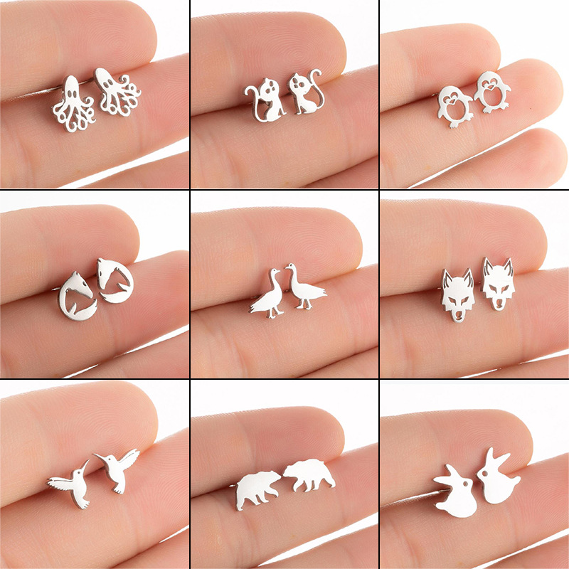 【New Arrivals】Stainless Steel Cute Small Animal Earrings Ins Women Design New Fashion Cat Penguin Bird Rabbit Bear Earrings