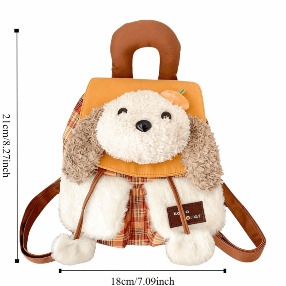 Cute Cartoon Plush Dog Backpack Kawaii Checkered Pattern Handbag Lightweight School Bag Girls